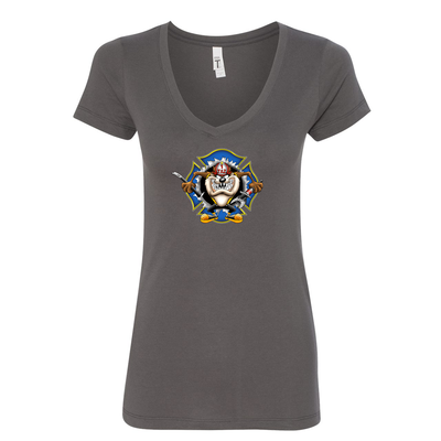 Grey Crazy Taz Firefighter Women's V-Neck Shirt
