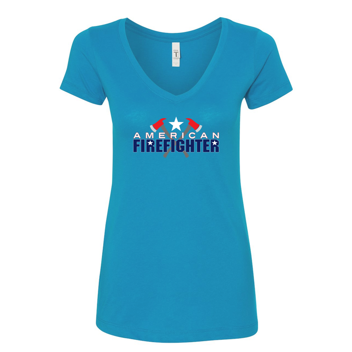 True American Firefighter Women's V-Neck Shirt in turquoise blue