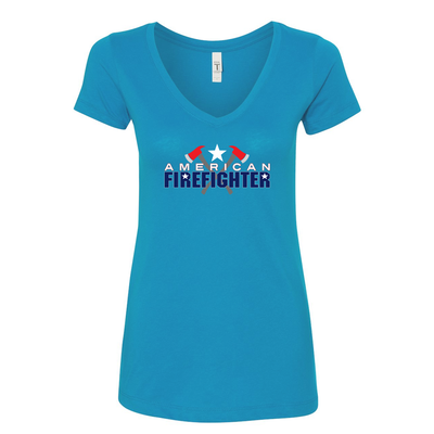 True American Firefighter Women's V-Neck Shirt in turquoise blue