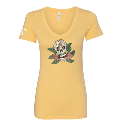 FFC 343 Maltese Sugar Skull Women's V-Neck Shirt in light yellow