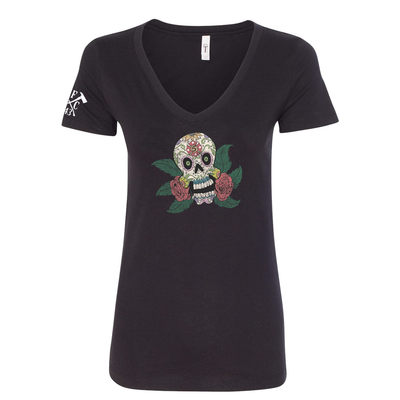 FFC 343 Maltese Sugar Skull Women's V-Neck Shirt in black