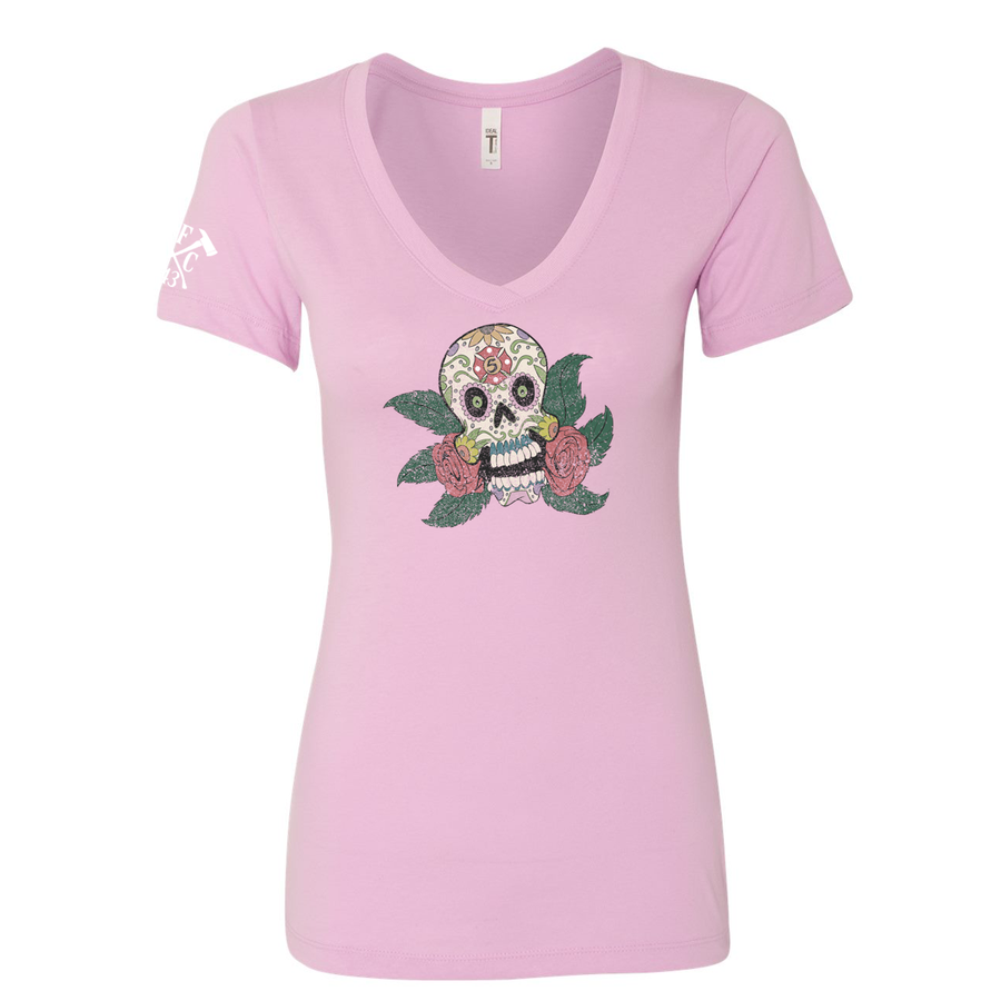 FFC 343 Maltese Sugar Skull Women's V-Neck Shirt in purple