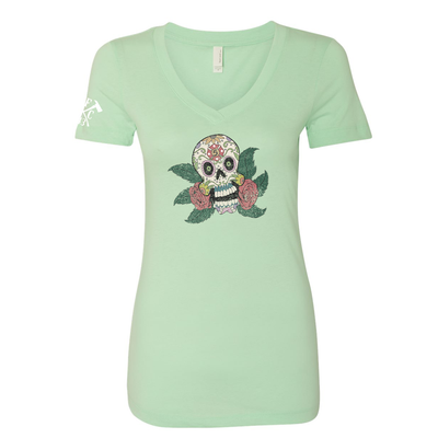 FFC 343 Maltese Sugar Skull Women's V-Neck Shirt in mint green
