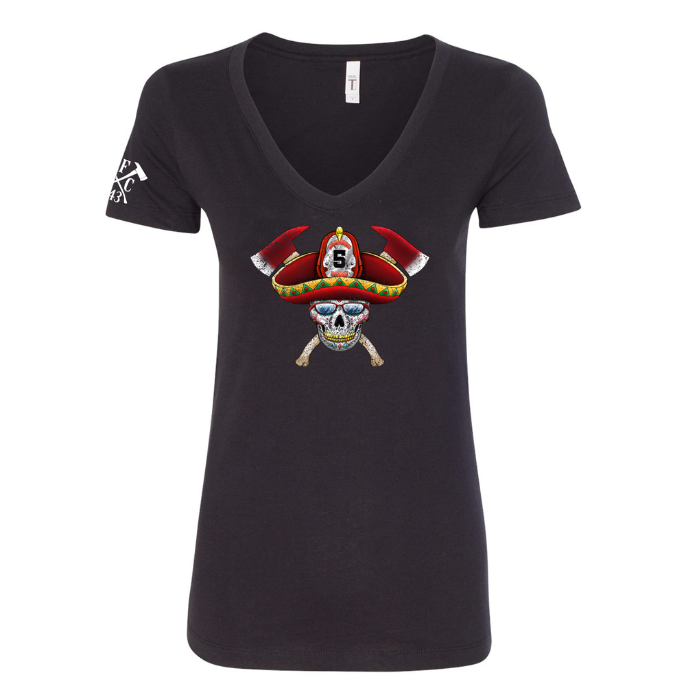 FFC 343 Firefighter Sombrero Sugar Skull Women's V-Neck Shirt in Black