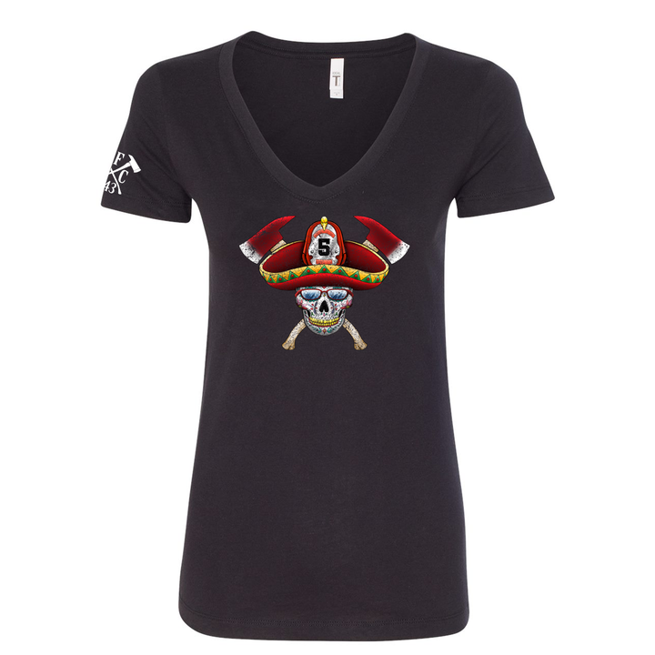 FFC 343 Firefighter Sombrero Sugar Skull Women's V-Neck Shirt in Black