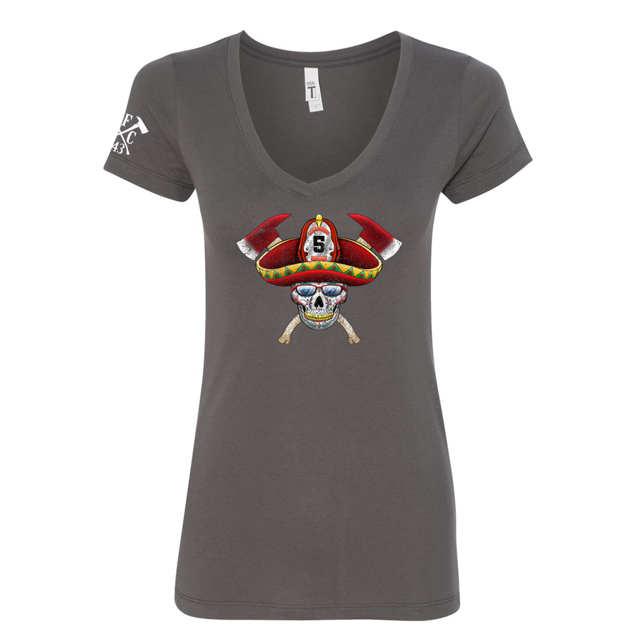 Dark Grey FFC 343 Firefighter Sombrero Sugar Skull Women's V-Neck Shirt