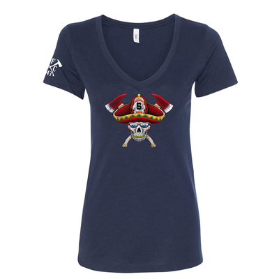 FFC 343 Firefighter Sombrero Sugar Skull Women's V-Neck Shirt in navy