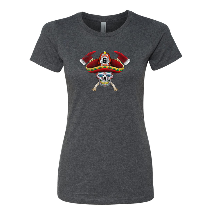 FFC 343 Firefighter Sombrero Sugar Skull Women's Crew Neck Shirt in Grey