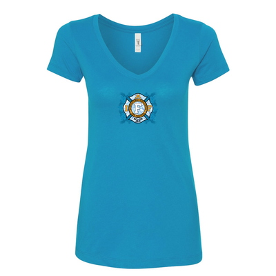 IAFF Hawaiian Firefighter Women's V-Neck Shirt in Turquoise Blue