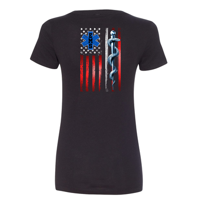 back of Thin White Line American Flag Women's V-Neck Shirt in black