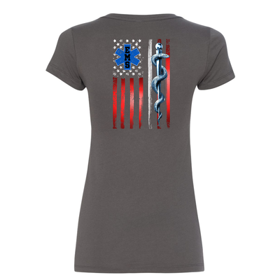back of Thin White Line American Flag Women's V-Neck Shirt in grey