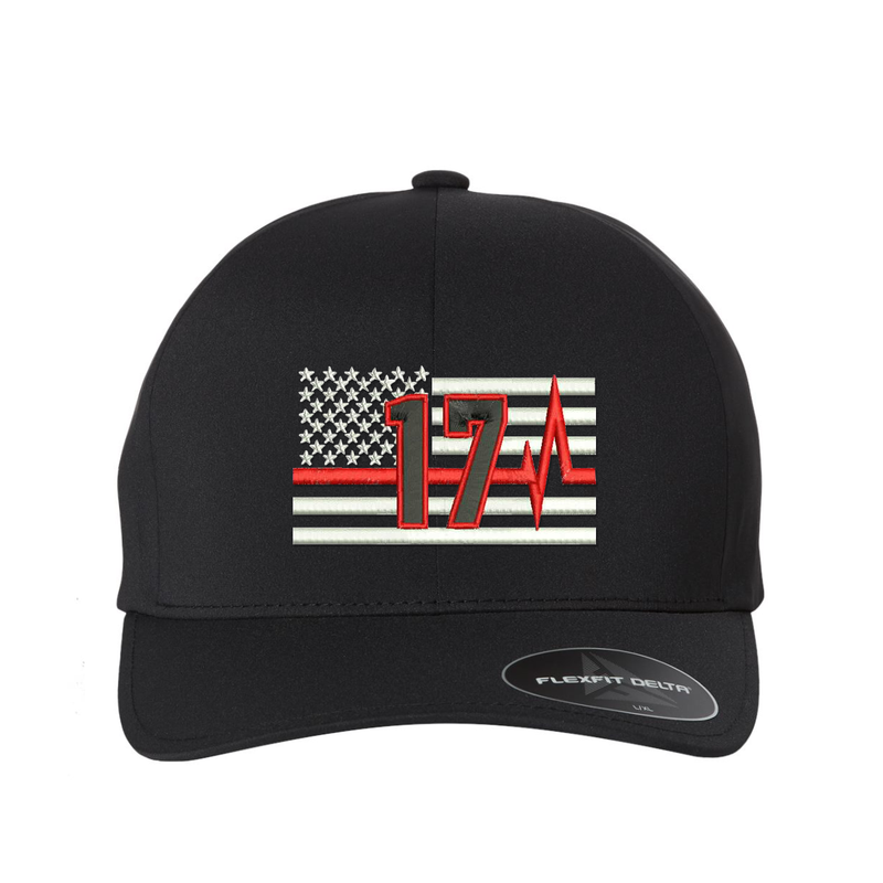 Thin Red Line with Pulse, Delta Flexfit  hat, Personalized with your fire station number.  Embroidered flag with your dept. number in the center of the flag.  Hat color is black.