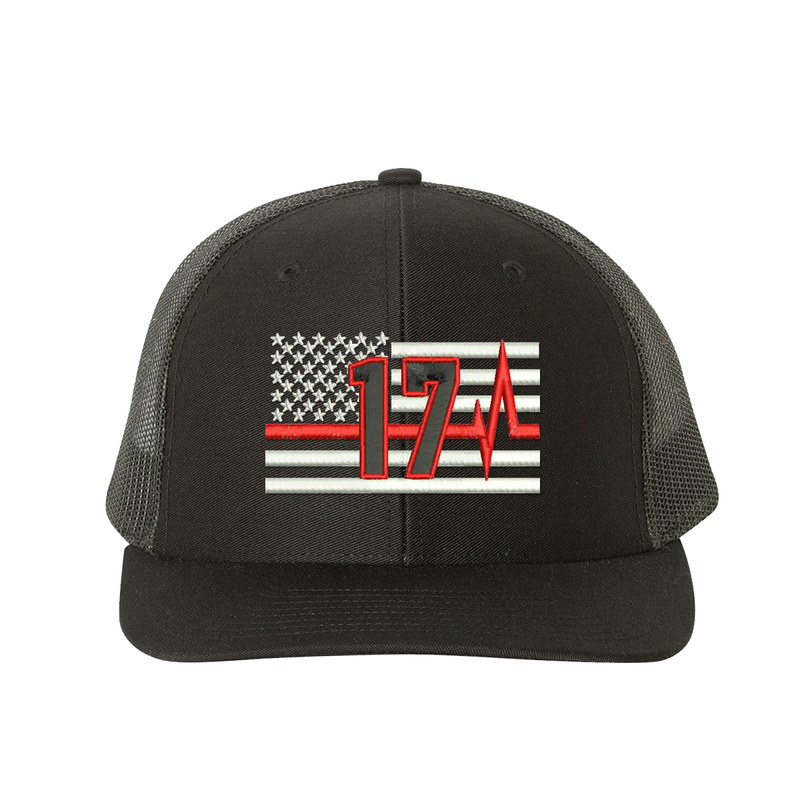 Thin Red Line Pulse Richardson Cap Personalized with your fire station number.  Embroidered flag with your dept. number in the center of the flag.  Hat color is black/black.