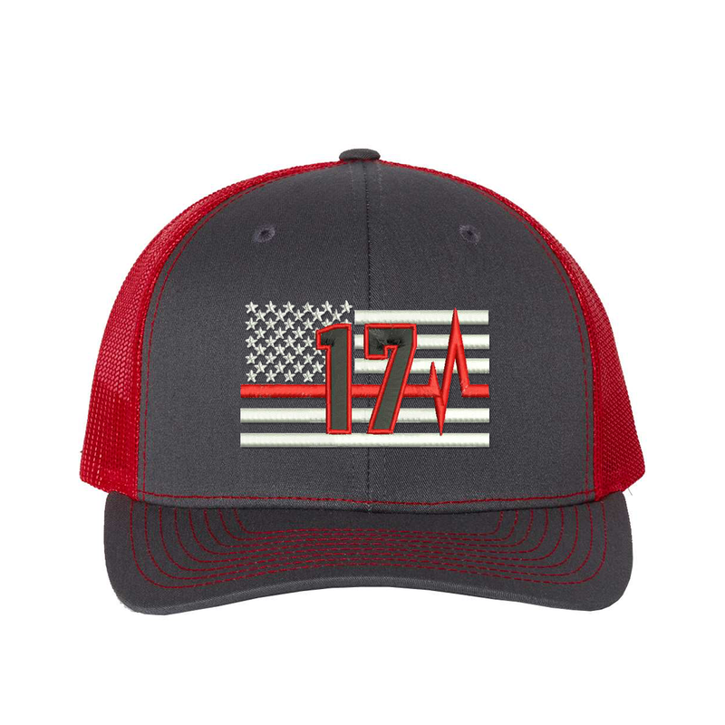 Thin Red Line Pulse Richardson Cap Personalized with your fire station number.  Embroidered flag with your dept. number in the center of the flag.  Hat color is charcoal/red.
