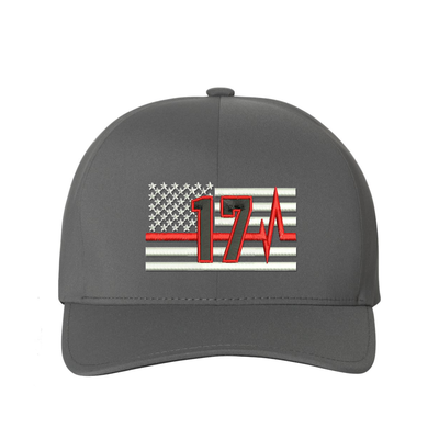 Thin Red Line with Pulse, Delta Flexfit  hat, Personalized with your fire station number.  Embroidered flag with your dept. number in the center of the flag.  Hat color is grey.