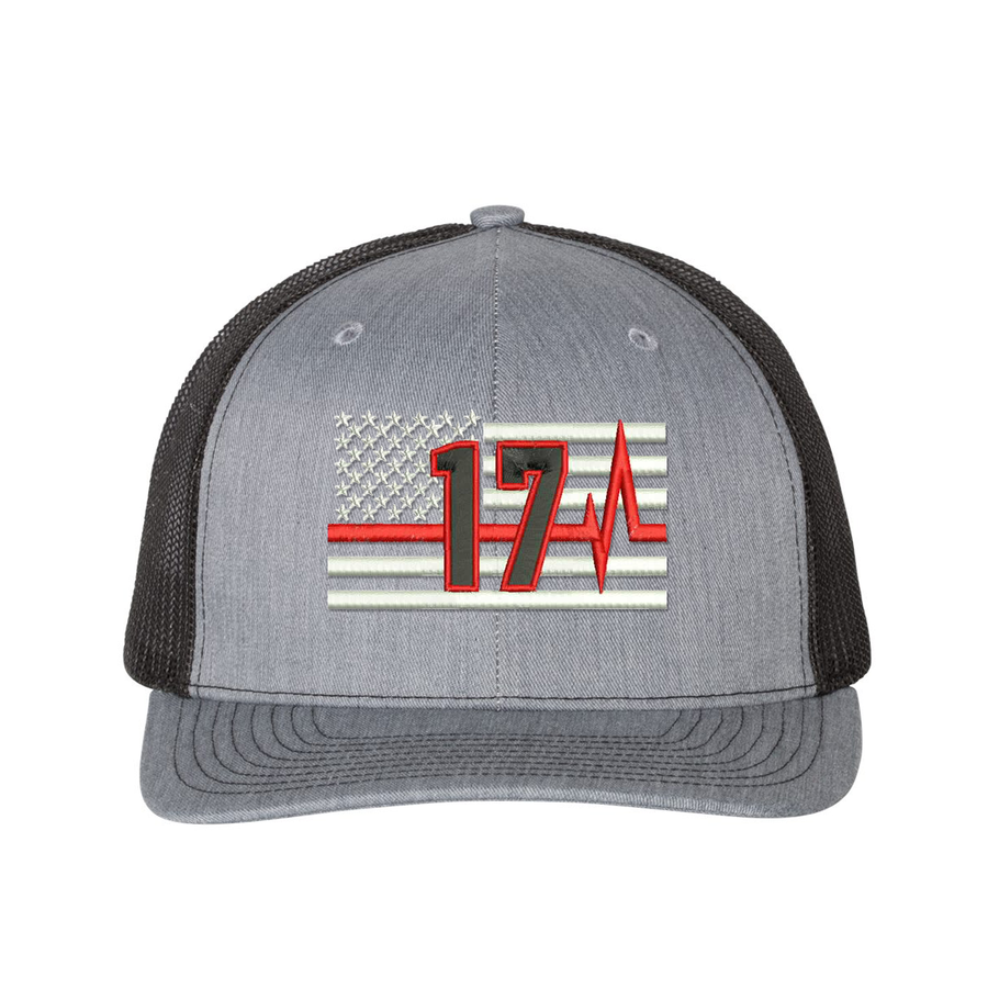 Thin Red Line Pulse Richardson Cap Personalized with your fire station number.  Embroidered flag with your dept. number in the center of the flag.  Hat color is heather grey/black.