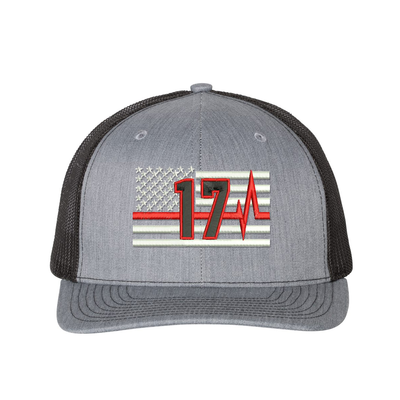 Thin Red Line Pulse Richardson Cap Personalized with your fire station number.  Embroidered flag with your dept. number in the center of the flag.  Hat color is heather grey/black.