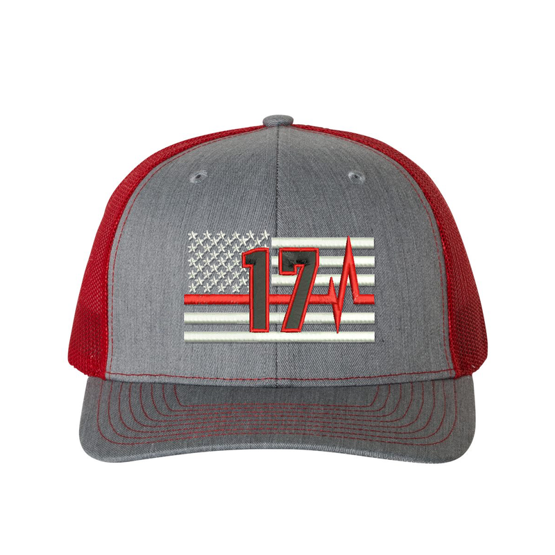 Thin Red Line Pulse Richardson Cap Personalized with your fire station number.  Embroidered flag with your dept. number in the center of the flag.  Hat color is heather grey/red.
