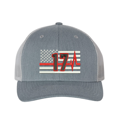 Thin Red Line Pulse Richardson Cap Personalized with your fire station number.  Embroidered flag with your dept. number in the center of the flag.  Hat color is heather grey/grey.