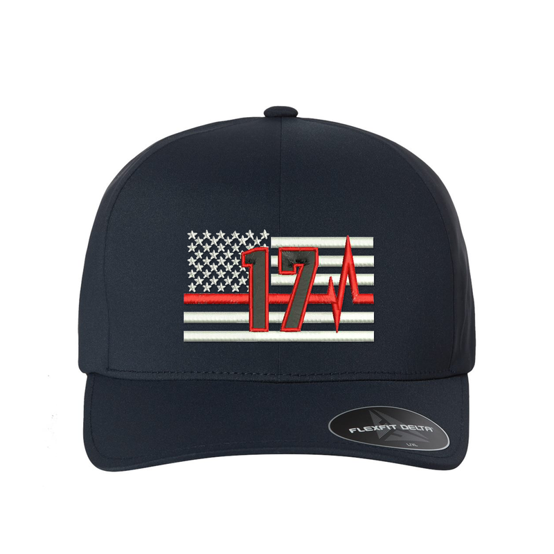 Thin Red Line with Pulse, Delta Flexfit  hat, Personalized with your fire station number.  Embroidered flag with your dept. number in the center of the flag.  Hat color is navy.