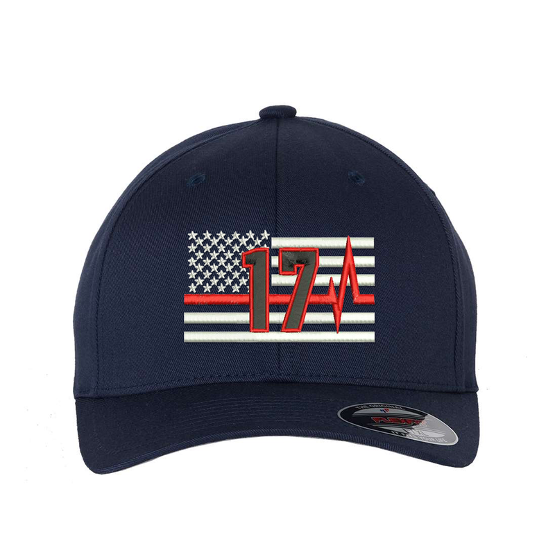 Thin Red Line with Pulse, Flexfit  hat, Personalized with your fire station number.  Embroidered flag with your dept. number in the center of the flag.  Hat color is navy.
