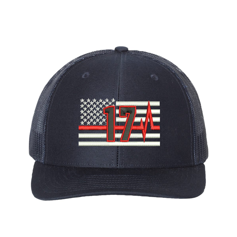 Thin Red Line Pulse Richardson Cap Personalized with your fire station number.  Embroidered flag with your dept. number in the center of the flag.  Hat color is navy/navy.