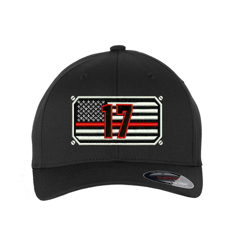 Thin Red Line Flexfit hat Personalized with your fire station number.  Embroidered flag with your dept. number in the center of the flag. Hat color is black..
