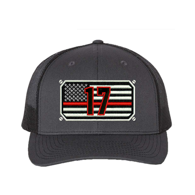 Thin Red Line Richardson Cap Personalized with your fire station number.  Embroidered flag with your dept. number in the center of the flag.  Hat color is heather charcoal/black.