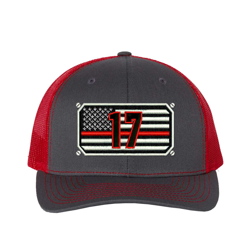 Thin Red Line Richardson Cap Personalized with your fire station number.  Embroidered flag with your dept. number in the center of the flag.  Hat color is charcoal/red.
