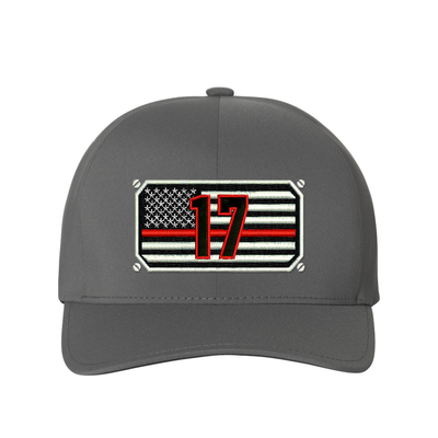 Thin Red Line Delta Flexfit hat Personalized with your fire station number.  Embroidered flag with your dept. number in the center of the flag. Hat color is grey.