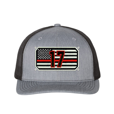 Thin Red Line Richardson Cap Personalized with your fire station number.  Embroidered flag with your dept. number in the center of the flag.  Hat color is heather grey/black.