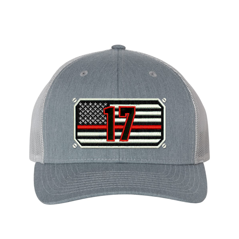 Thin Red Line Richardson Cap Personalized with your fire station number.  Embroidered flag with your dept. number in the center of the flag.  Hat color is heather grey/grey.