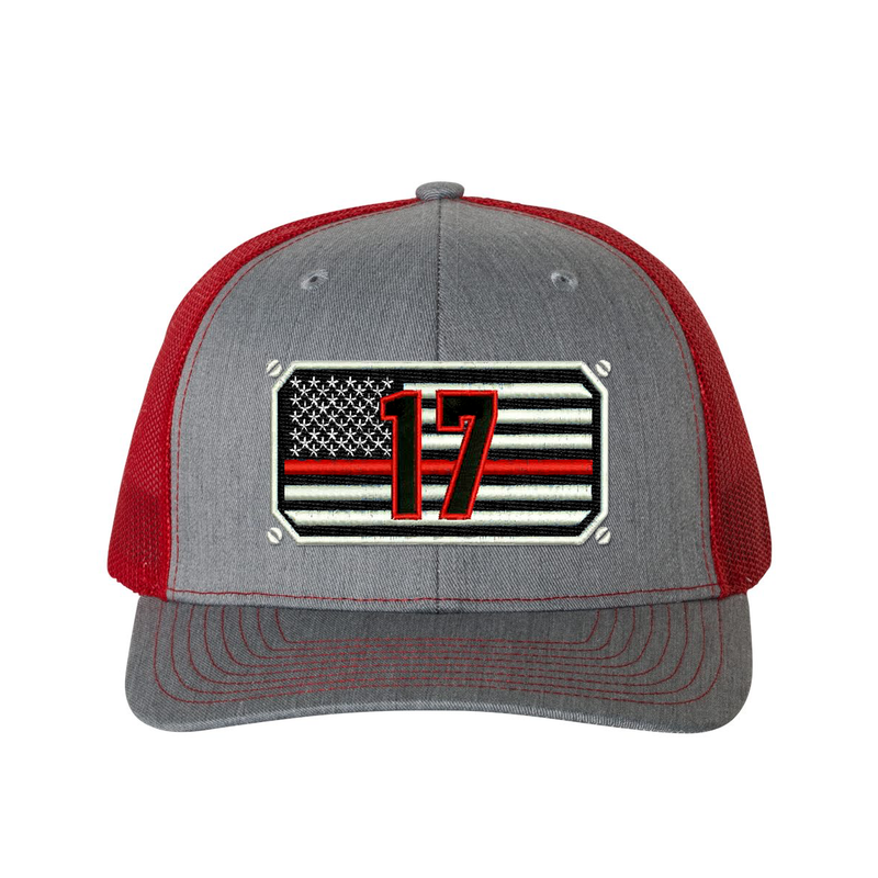 Thin Red Line Richardson Cap Personalized with your fire station number.  Embroidered flag with your dept. number in the center of the flag.  Hat color is heather grey/red.