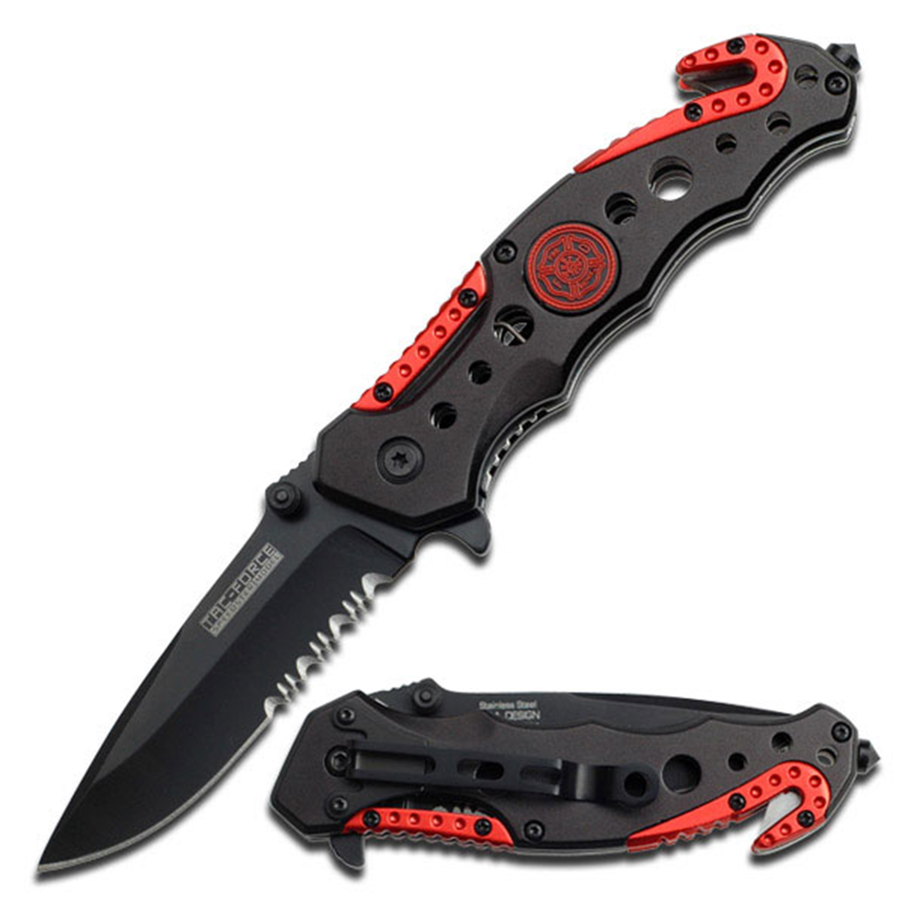 Firefighter Tac-Force Black Red Tactical Spring Assisted Knife