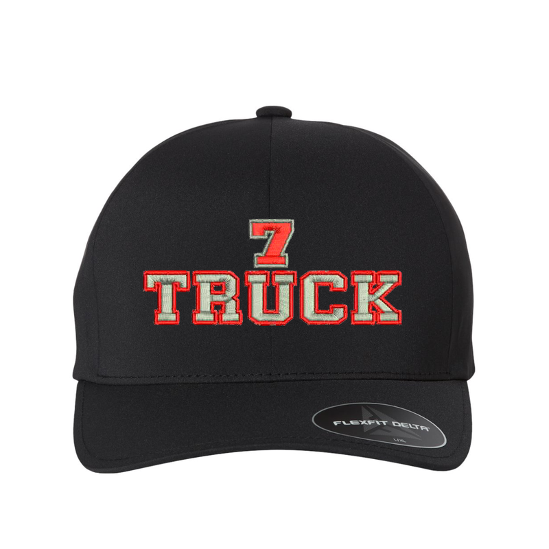Personalized Delta Flexfit, black ball cap with the word Truck embroidered in the center. Customize with your truck number.  Cap text is silver with a red outline.