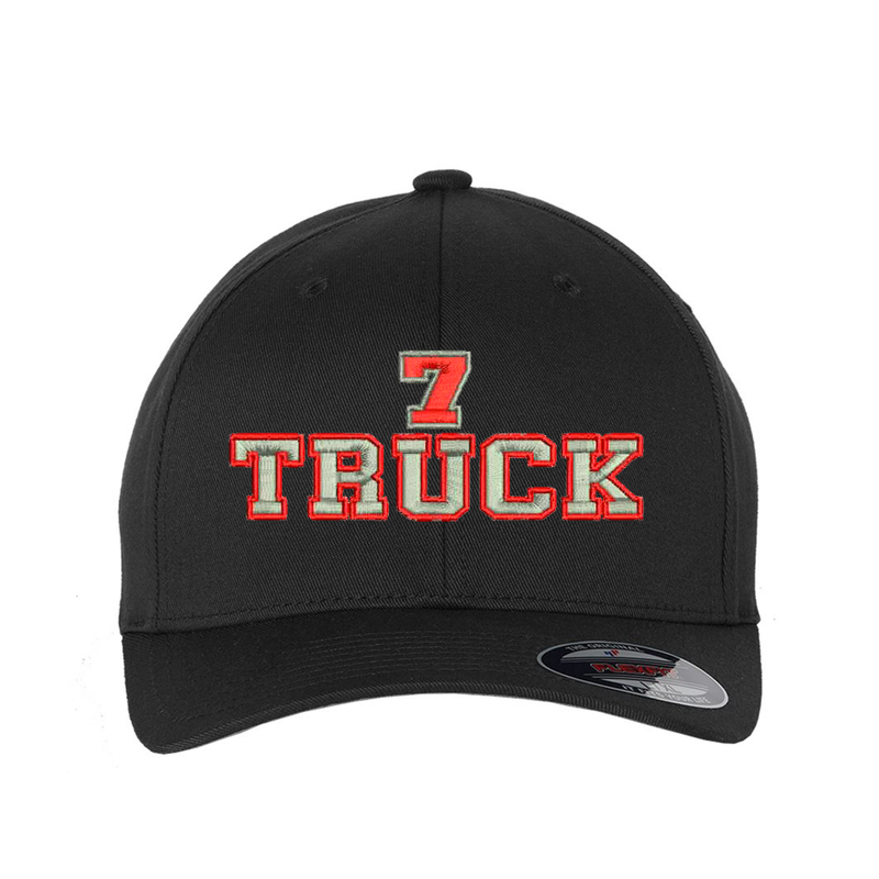 Personalized Flexfit hat. Add your truck number to the cap.  Embroidered text, TRUCK, is silver outlined in red.  Hat color black.