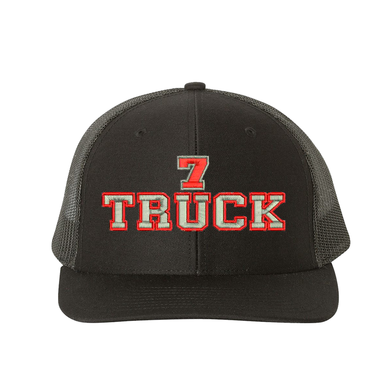 Richardson Structured six panel Trucker Cap customized with your truck number and the word Truck. Hat color black/black.