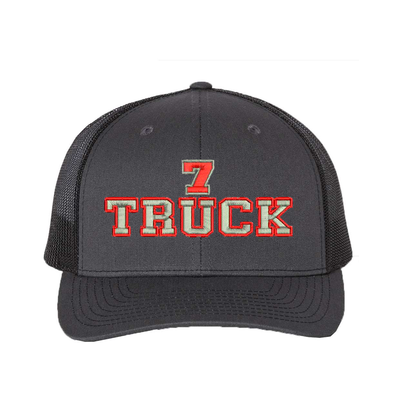 Richardson Structured six panel Trucker Cap customized with your truck number and the word Truck. Hat color charcoal/black.