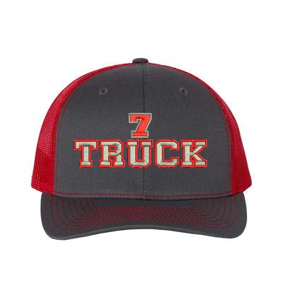 Richardson Structured six panel Trucker Cap customized with your truck number and the word Truck. Hat color charcoal/red.