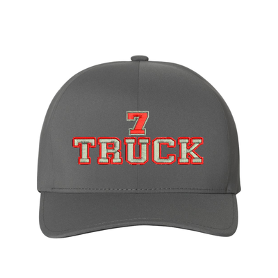 Personalized Delta Flexfit, gray ball cap with the word Truck embroidered in the center. Customize with your truck number.  Cap text is silver with a red outline.