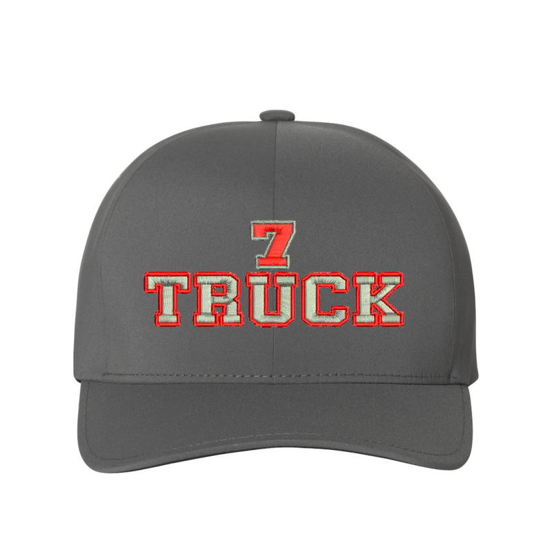 Personalized Delta Flexfit, gray ball cap with the word Truck embroidered in the center. Customize with your truck number.  Cap text is silver with a red outline.