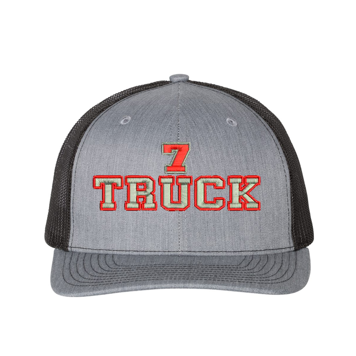 Richardson Structured six panel Trucker Cap customized with your truck number and the word Truck. Hat color heather grey/black.