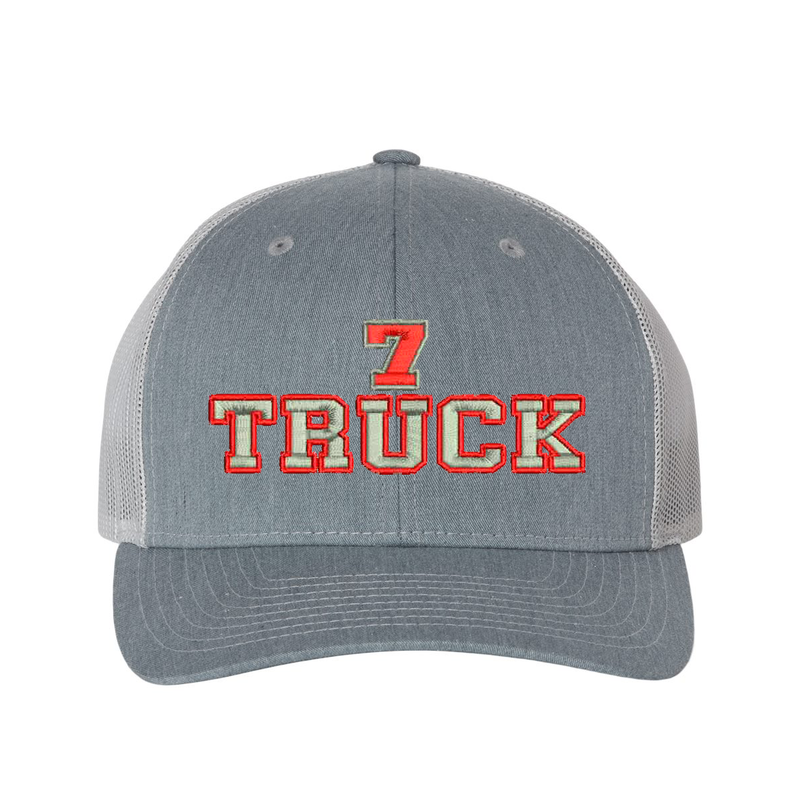 Richardson Structured six panel Trucker Cap customized with your truck number and the word Truck. Hat color heather grey/light grey.