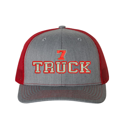 Richardson Structured six panel Trucker Cap customized with your truck number and the word Truck. Hat color heather grey/red.