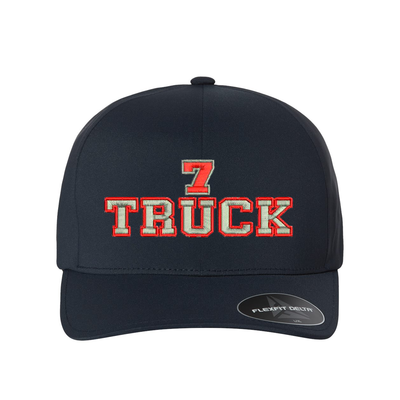 Personalized Delta Flexfit, navy ball cap with the word Truck embroidered in the center. Customize with your truck number.  Cap text is silver with a red outline.
