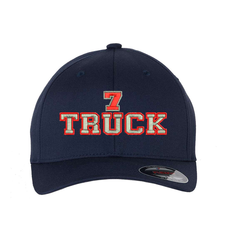 Personalized Flexfit hat. Add your truck number to the cap.  Embroidered text, TRUCK, is silver outlined in red.  Hat color navy.