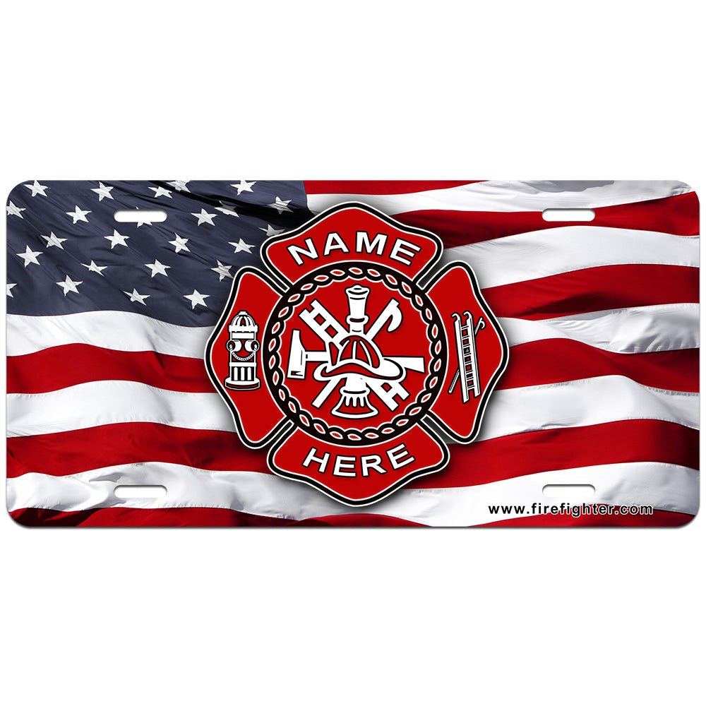 Personalized fire dept license plates with flag design