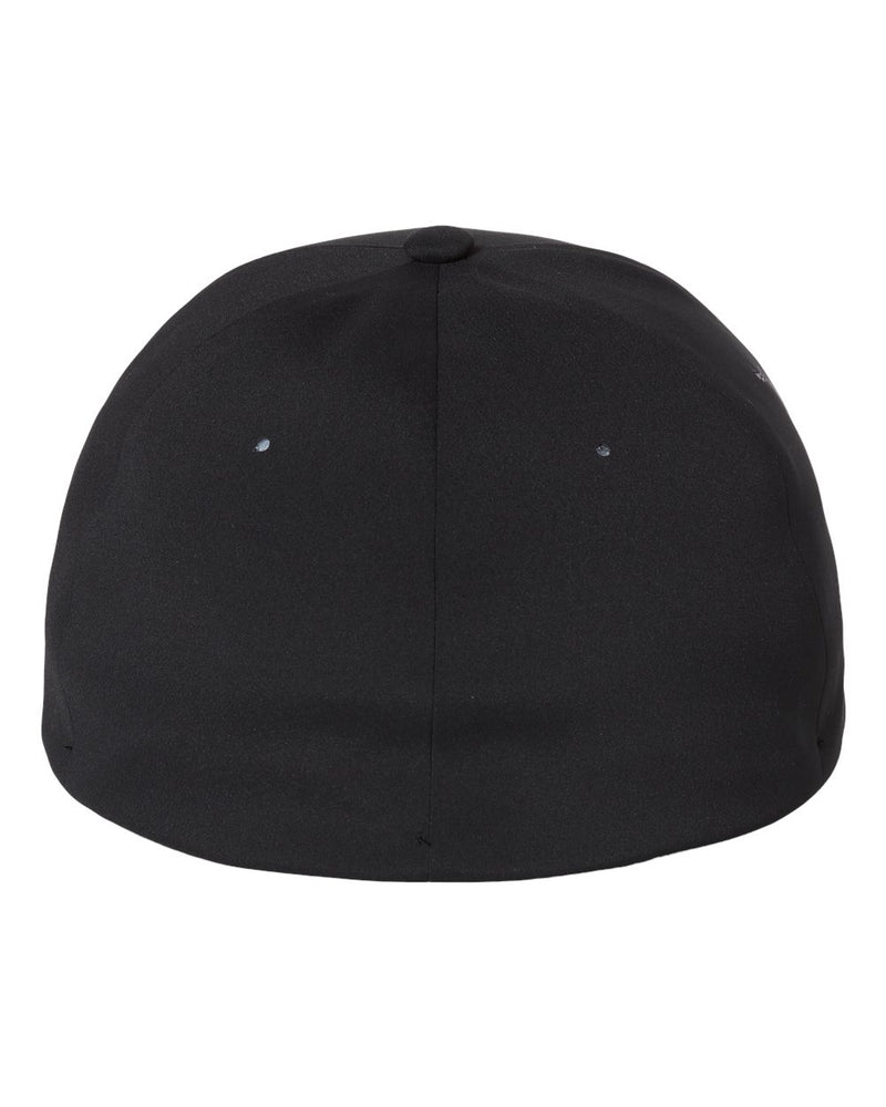 •	Delta Flexfit hat, back view, has no logo and Laser-cut eyelets around the 6 panel hat. 
