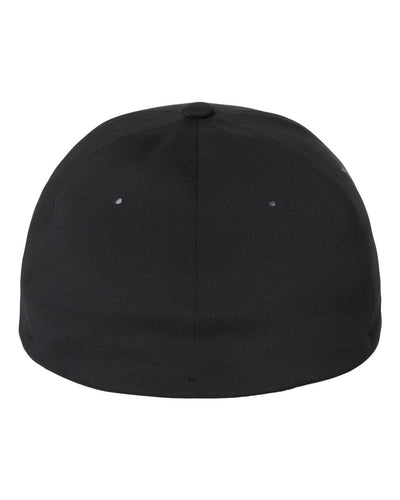 Delta Flexfit hat, back view, has no logo and Laser-cut eyelets around the 6 panel hat. 