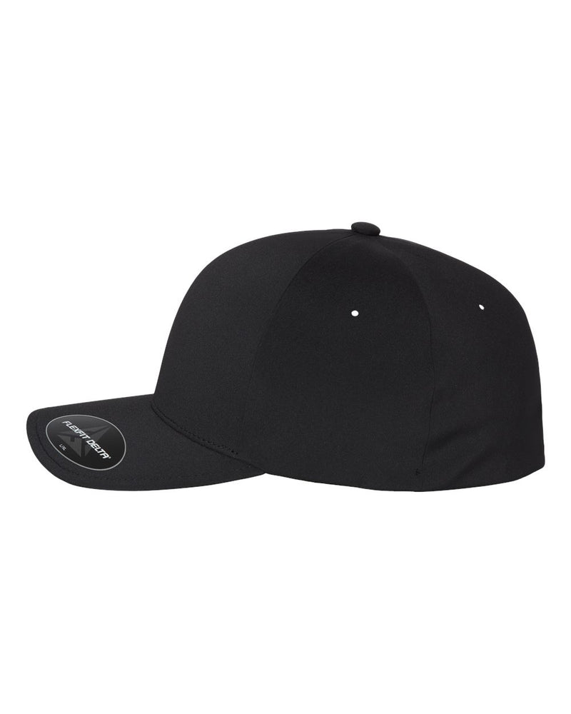 •	Delta Flexfit hat, side view, has Delta logo on the right side and Laser-cut eyelets around the 6 panel hat.